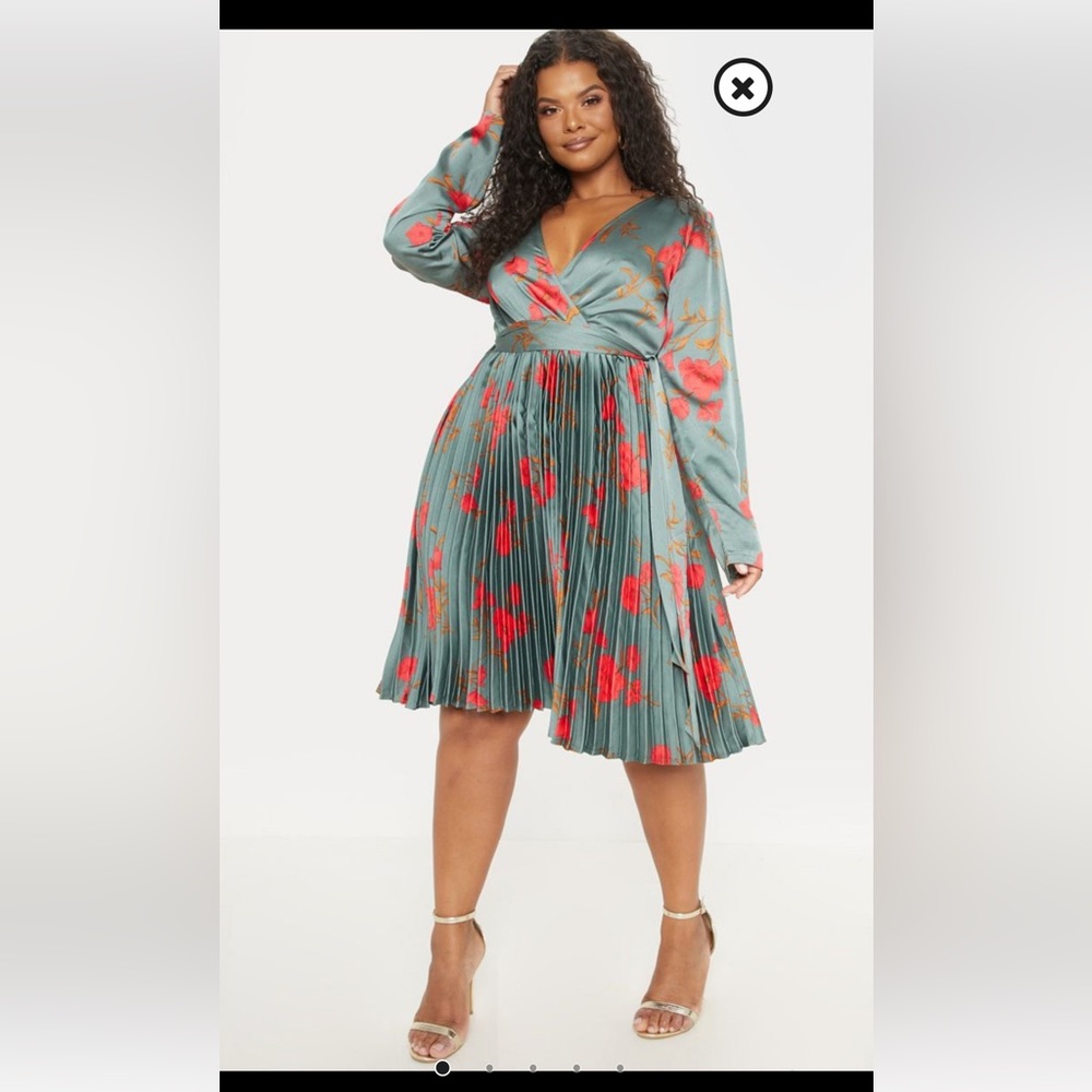 PrettyLittleThing Satin Floral Pleated Faux Wrap Dress